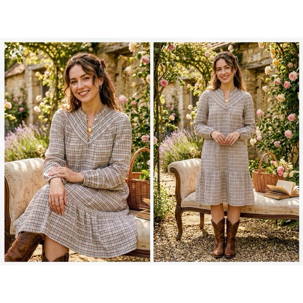 LOFT Small Ivory Gingham Plaid Tiered English Dress Lightweight Oversize Prairie